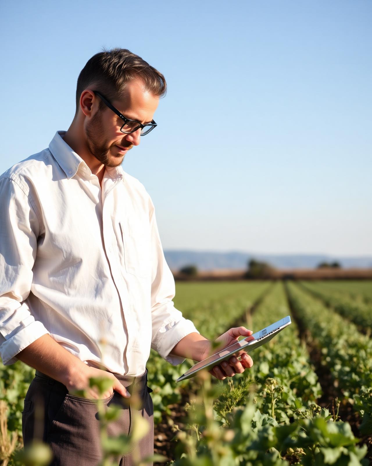 Ingeniero agrónomo revisando cultivos en campo